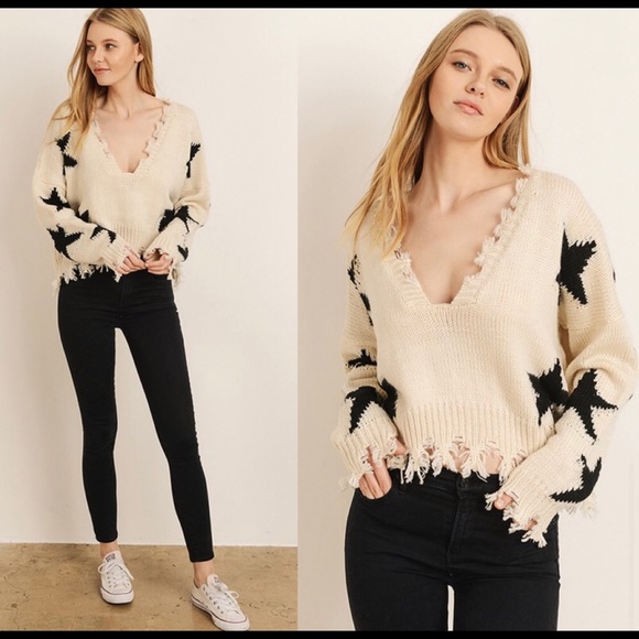 Star frayed hem sweater - BEIGE - Picture 3 of 3